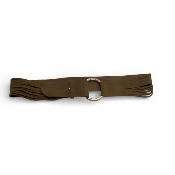 Chicos Accessories - Chico's Taupe Suede Slit Cut-Out Belt - Stretch Back Hammered Silver O-Ring L